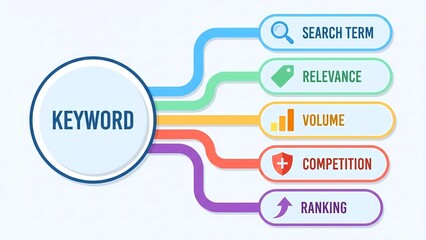 Keyword research concept with search term, relevance, volume, competition, ranking