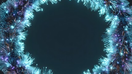 Holographic Christmas wreath with glowing tech fibers, neon sparkles, and a metallic background framed in clean symmetrical composition