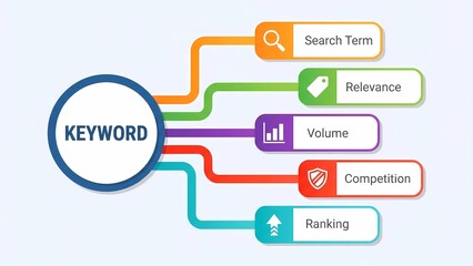 Keyword research concept with search term, relevance, volume, competition, ranking