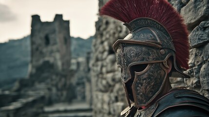 Ornate Ancient Helmet Among Castle Ruins