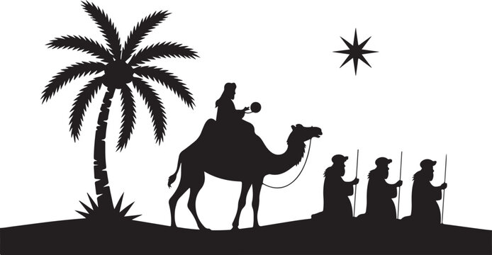Three Wise Men on a desert journey following the guiding star