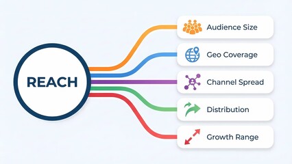 Reach concept diagram with audience size, geo coverage, channel spread, distribution, growth range
