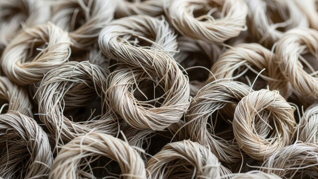Close-up of numerous small bundles of natural flax fiber, showcasing the raw material for linen production.