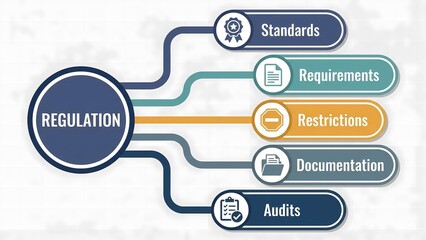 Regulation concept with standards, requirements, restrictions, documentation, audits isolated on white
