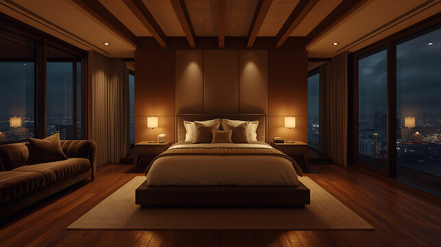 Luxury Hotel Bedroom Interior at Night with City View