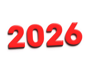 Red inscription 2026 on a white background. Happy new year and christmas concept. 3D rendering.