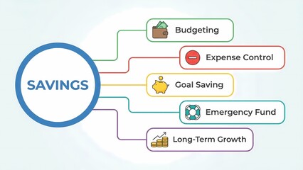 Savings strategy concept with budgeting, expense control, goal saving, emergency fund, longterm growth