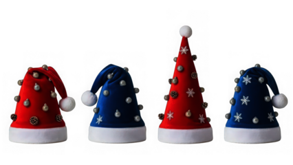 Four  Santa hats with white pom-poms for winter holidays