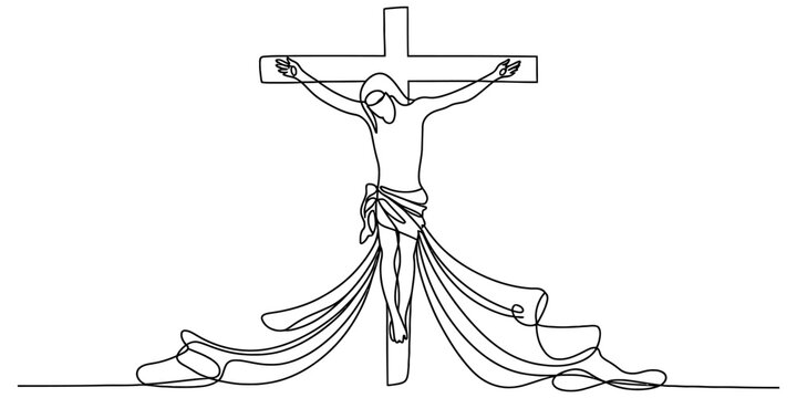 Captivating single continuous line art drawing of jesus christ on the cross, representing the core tenets of christianity, sacrifice, and spiritual devotion. Vector, illustration