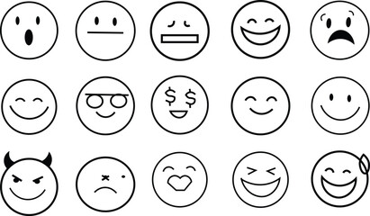 A set of smiley face line icons featuring various emoticon expressions, illustrated in a simple outline style and isolated on a white background.