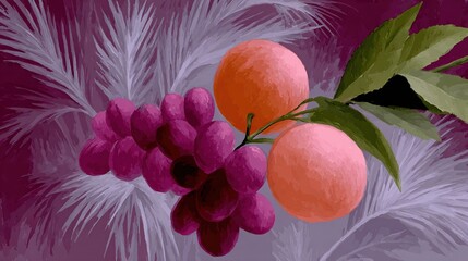   Two oranges and grapes on a green-leafed branch against a purple background