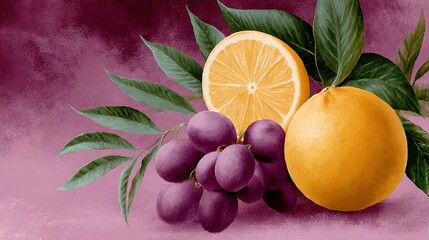   A painting of grapefruits and oranges on a pink background, surrounded by green leaves