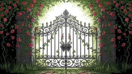 Ornate Wrought Iron Gate with Lush Rose Vines and Bright Light Beyond.