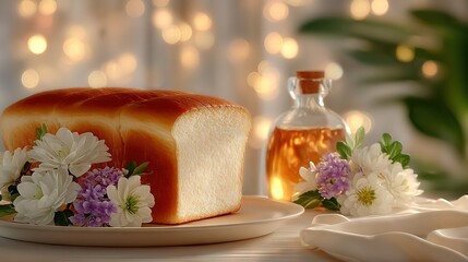   A slice of bread rests atop a white dish alongside a jar of honey and an arrangement of blooms on a table