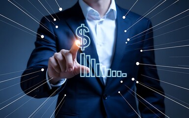 Businessman Interacting With Digital Dollar Icon and Rising Bar Chart for Financial Growth