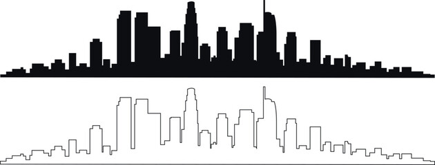 A detailed black silhouette of a sprawling city skyline with varying building heights isolated on white background © assethive