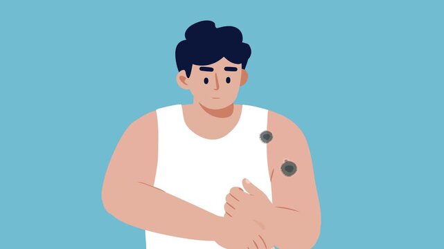 A cartoon animation shows fungal spores drifting through the air, landing on human skin, and causing inflammation that develops into itchy ringworm lesions.