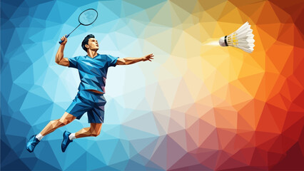 Dynamic Badminton Player Leaping to Smash Shuttlecock in Mid Air on Abstract Colorful Background