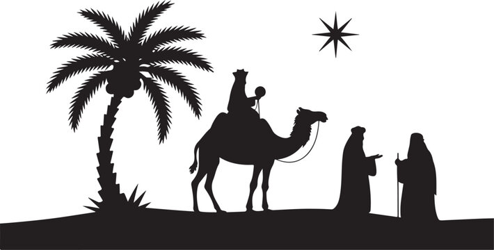 Wise men traveling across the desert guided by a bright star to Bethlehem