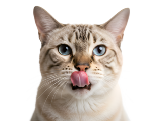 Domestic Cat Licking Nose, Blue-Eyed Feline Close-up Portrait with White Background on white background Isolated on Transparent Background