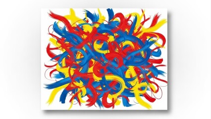 Obraz premium Vibrant Abstract Swirls of Red, Blue, and Yellow Paint on White Canvas.