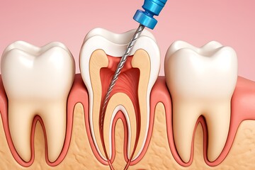 Close up of a tooth undergoing a root canal procedure with dental instruments