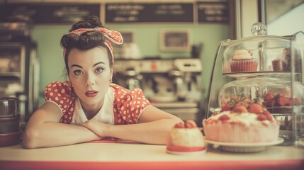 Retro Diner Waitress Behind Dessert Display