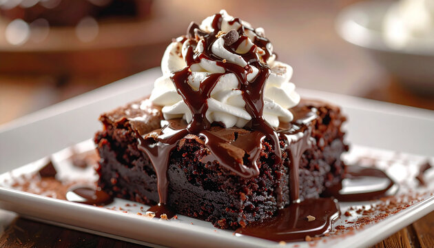 Delicious chocolate brownie sundae with melted fudge and fluffy whipped cream, appetizing dessert