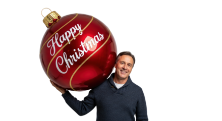 Man holding giant shiny red Christmas ornament with happy message on transparent background