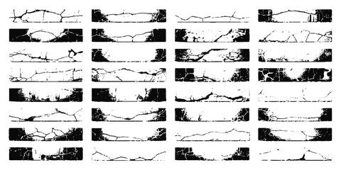 Set of vector Black and white cracked wall, old wall, grunge wall paint effect, grungy transparent texture background. Vector grunge cracked texture style with cracked texture.	