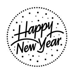 set of stamps Happy New Year celebration with a festive design featuring bold lettering and decorative elements