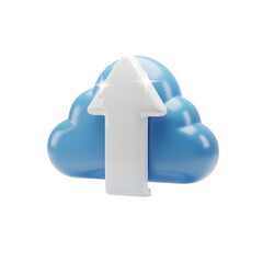 A 3D rendered blue cloud with a shiny white arrow pointing upwards, symbolizing data upload or cloud storage.