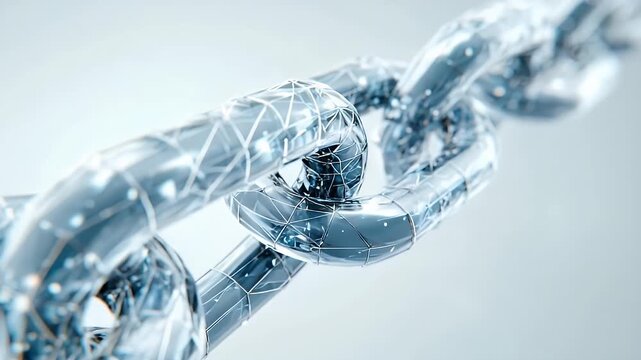 Abstract interconnected transparent crystalline chain links with intricate geometric patterns and sparkling light reflections against a soft blue background