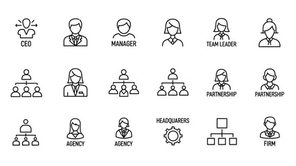 Business hierarchy and organizational structure icons representing leadership and team roles