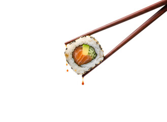 Fresh Salmon Avocado Sushi Roll with Chopsticks & Dripping Sauce. Authentic Japanese Cuisine Delicacy on white background Isolated on Transparent Background