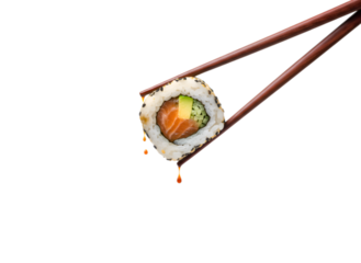 Fresh Salmon Avocado Sushi Roll with Chopsticks & Dripping Sauce. Authentic Japanese Cuisine Delicacy on white background Isolated on Transparent Background