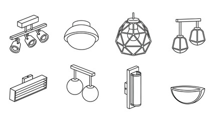 Collection of various modern lighting fixtures in a simplistic line art style