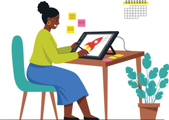 Woman working on digital tablet drawing a red rocket ship with flames graphic design