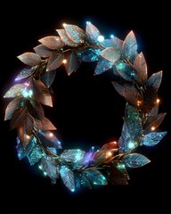 High-tech Christmas wreath featuring neon circuit-style leaves and modern digital holiday ornament details