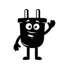 Funny plug cartoon character waving silhouette, vector art