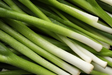 Many fresh green onions as background, closeup