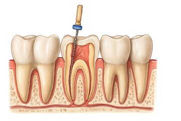 Diagram of a tooth undergoing root canal treatment with dental instruments