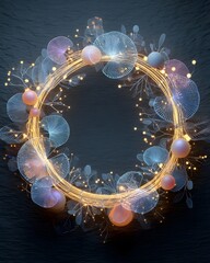 holographic wreath with glowing circuit leaves, digital ornaments, and elegant shimmering festive illumination