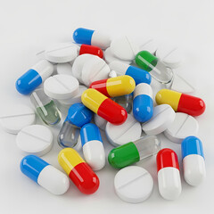 A scattered pile of colorful pharmaceutical pills and capsules on a white background.