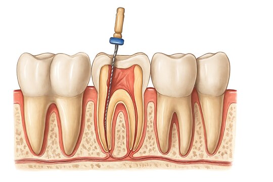Diagram of a tooth undergoing root canal treatment with dental instruments