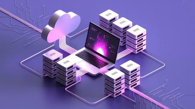 Isometric cloud computing network with servers and laptop data center server racks - Powered by Adobe