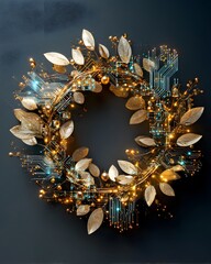 Digital High tech-inspired Christmas wreath with illuminated circuit patterns leaf and soft elegant glow