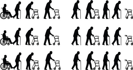 Vector Black Silhouette Set of Elderly People and Seniors Using Mobility Aids like Wheelchairs, Canes, and Walkers Illustrating Health, Age, and Disability