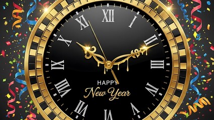 Golden Clock Striking Midnight New Year's Eve Celebration