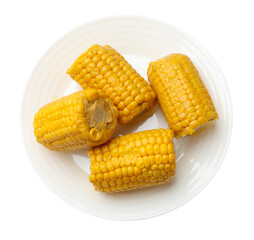 Pieces of boiled corncobs isolated on white, top view